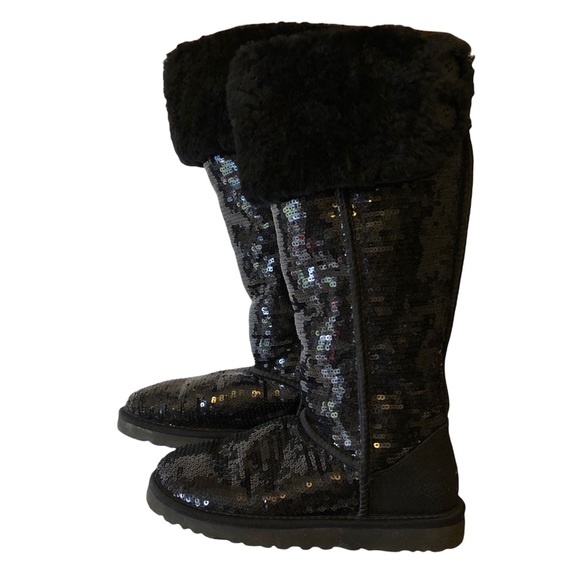 UGG Size 5 OVER the Knee Sparkle Sequins Black Bailey Button Boots Fur 3173. - Picture 2 of 12
